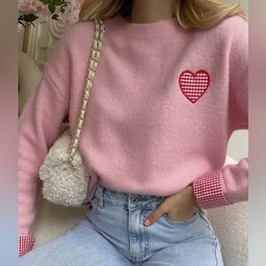 Pink Sweater with Heart Plaid Patch& Cuff